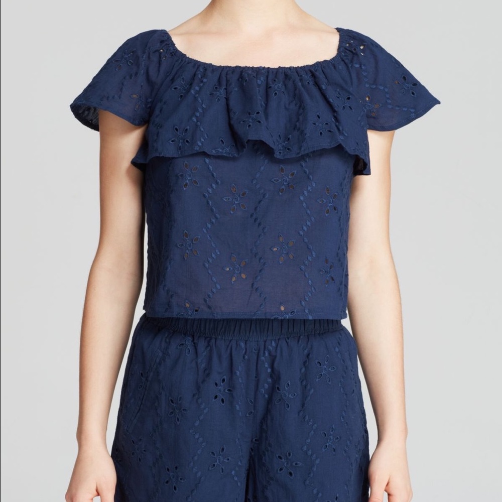 Aqua eyelet off the shoulder top