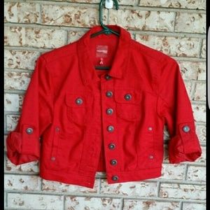 Red denim jacket