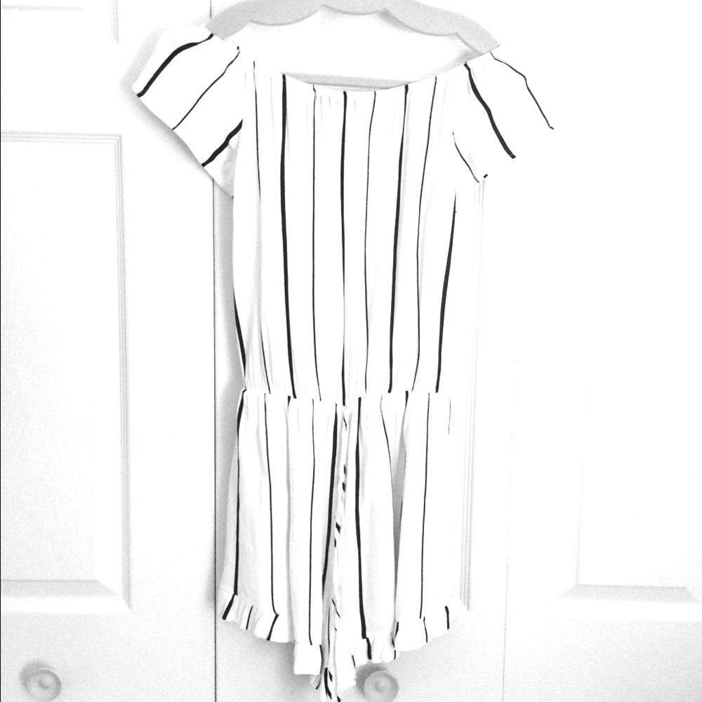Black & white striped off the shoulder romper.