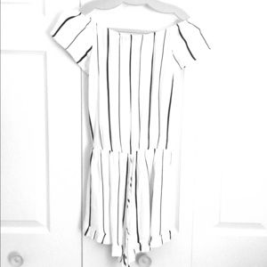 Black & white striped off the shoulder romper.