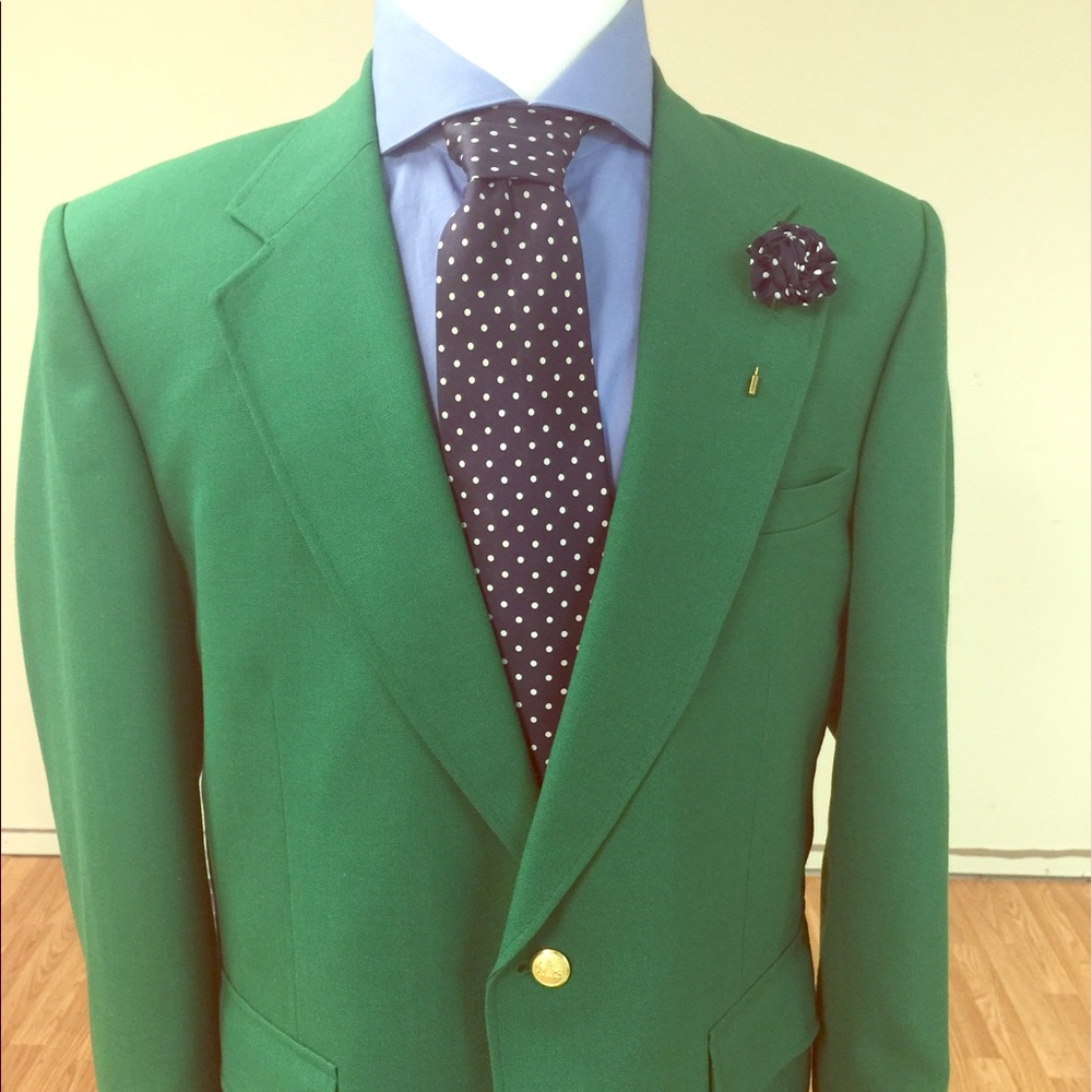 Green Blazer with with Blue pokey dot necktie
