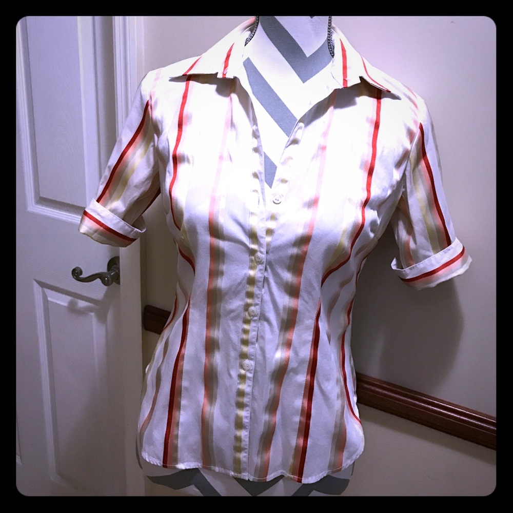 White with Red, Peach,Tan, Cream, and Yellow Lines