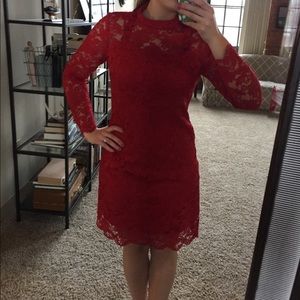 Gorgeous Red Lace High Neck Dress Gold Zipper