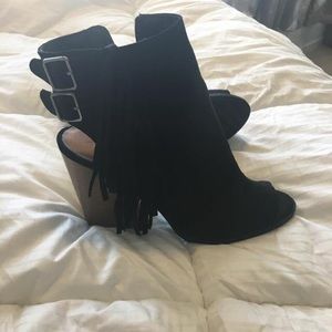 Black fringe open toe bootie