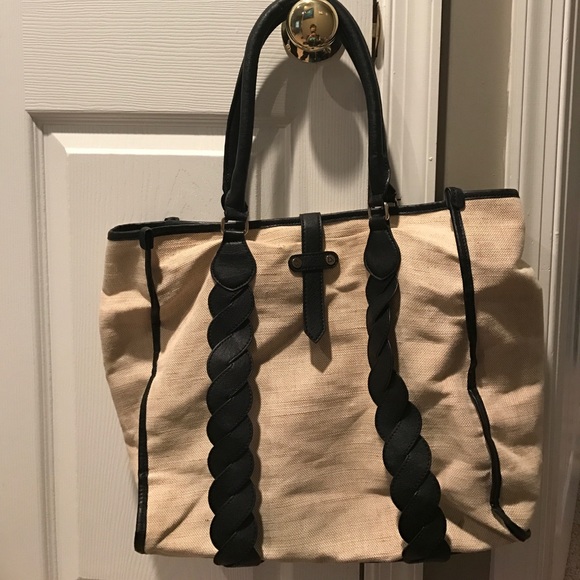 Danielle Nicole oatmeal weave black trim tote - Picture 1 of 5