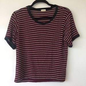 maroon and white striped tee with black trim