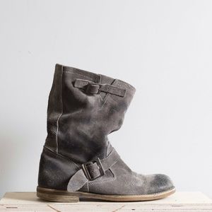 Distressed suede boots.