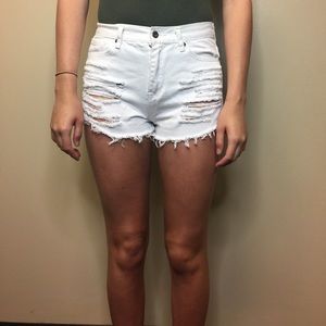 White distressed denim shorts