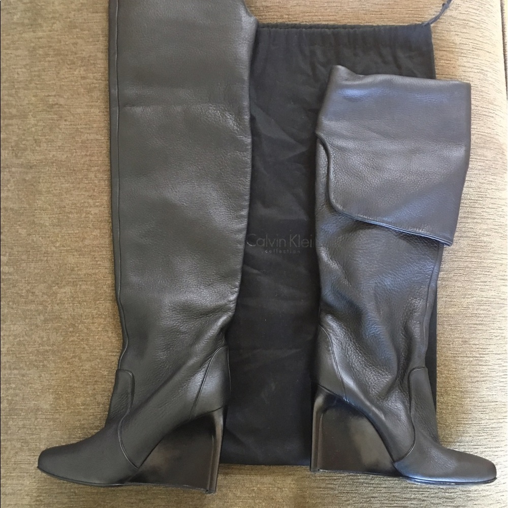Calvin Klein Pebble Leather Over Knee Wedge Boots