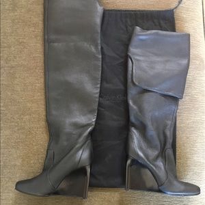 Calvin Klein Pebble Leather Over Knee Wedge Boots