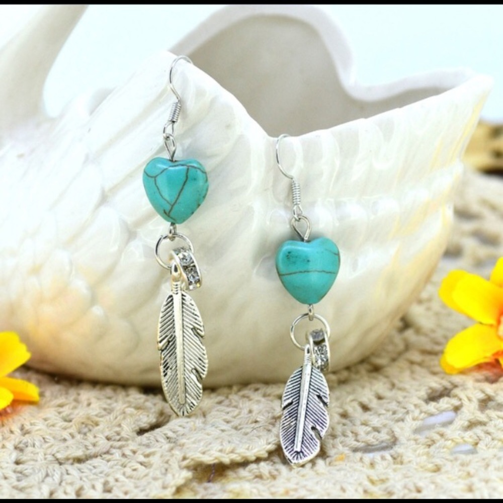 Turquoise Heart Silver Leaf Earrings
