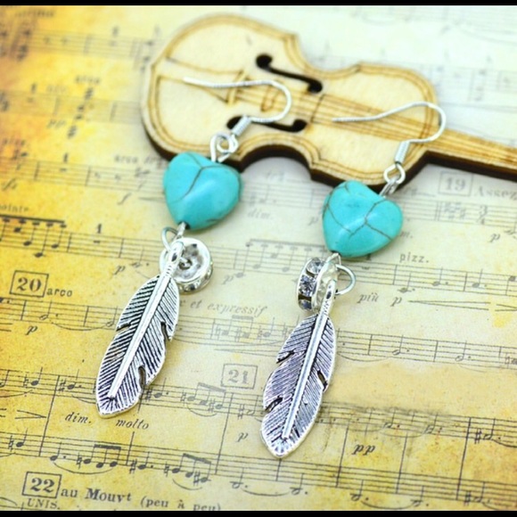 Turquoise Heart Silver Leaf Earrings - Picture 2 of 3