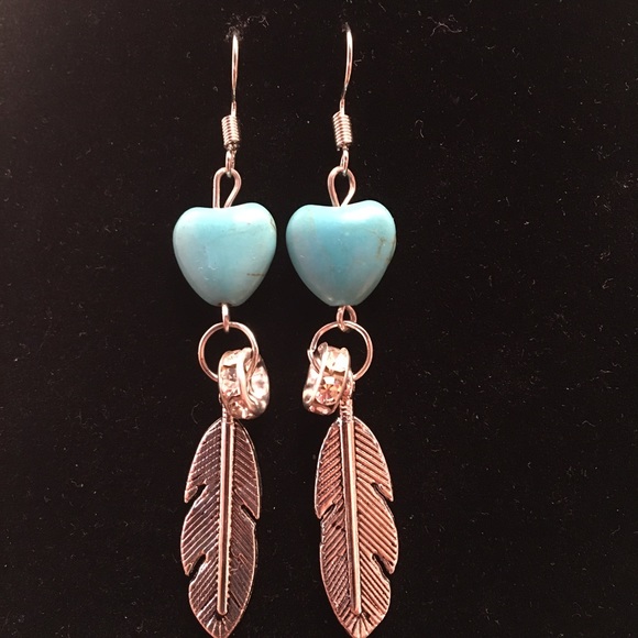 Turquoise Heart Silver Leaf Earrings - Picture 3 of 3