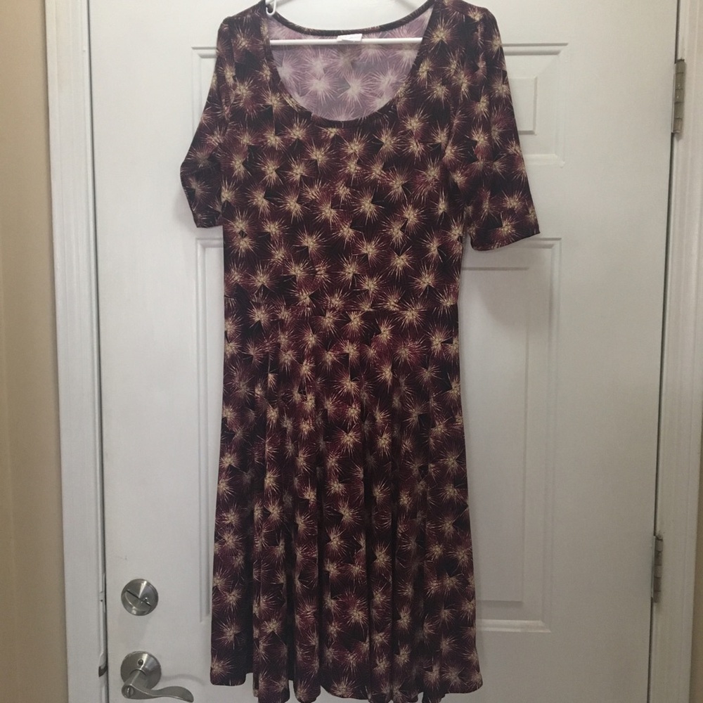 NWOT Lula Roe Nicole Dress in red and gold.