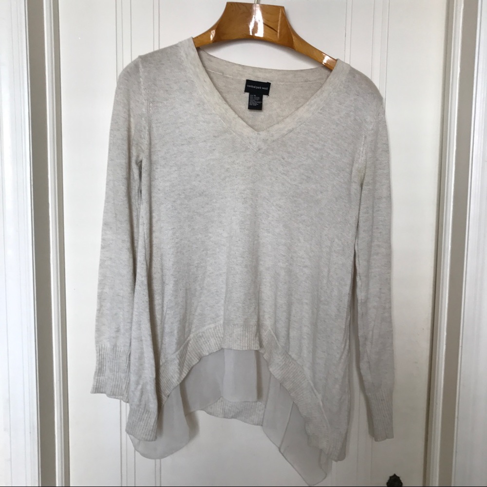 Central Park West light sweater with chiffon trim