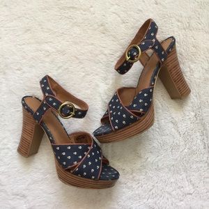 Fossil lady bug navy brown chunky block heels 8.5