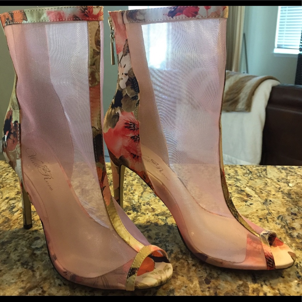 Wild Rose Floral Pink Mesh Peep Toe Ankle Boots