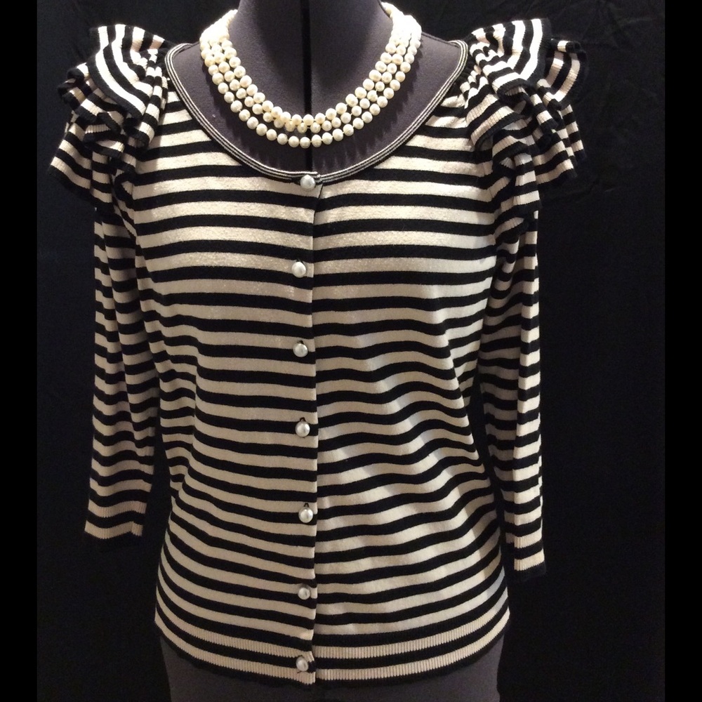 H&M black/cream striped sweater w pearl buttons