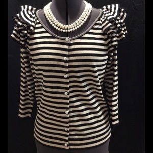 H&M black/cream striped sweater w pearl buttons