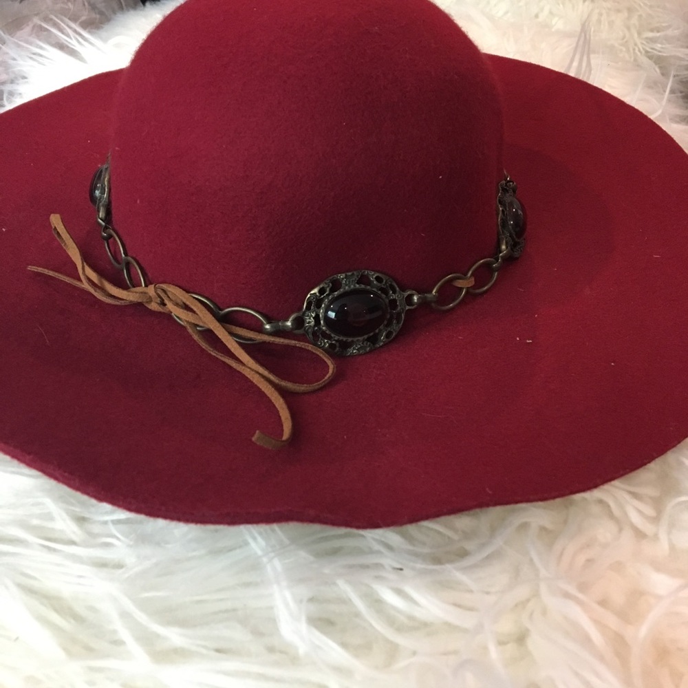 Maroon wide brim hat with jewel detail