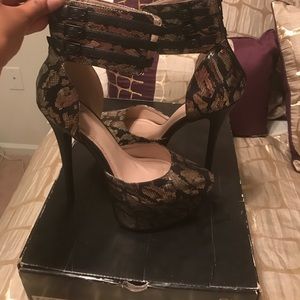 Black and gold snake print heels
