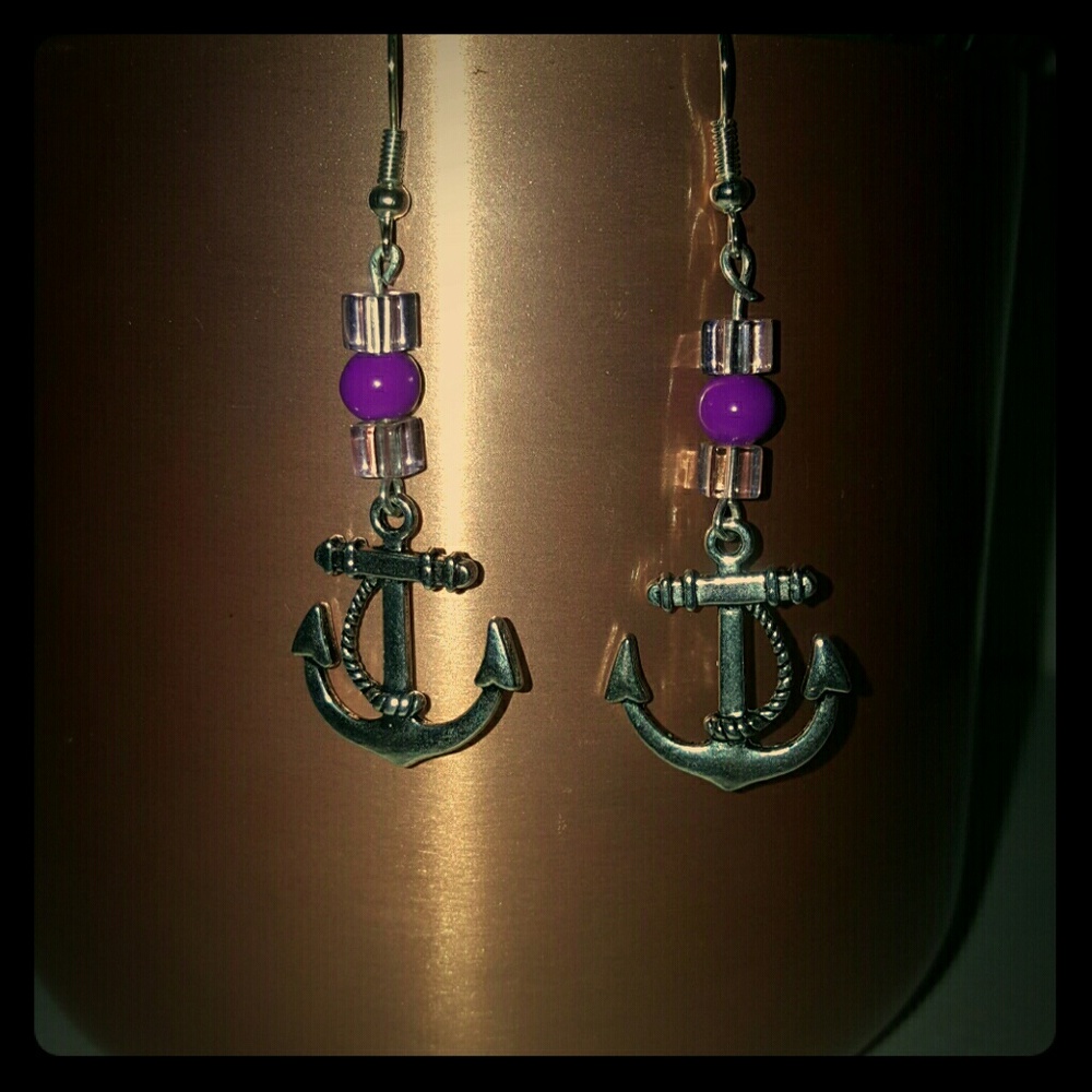 Pink and purple drop anchor earrings