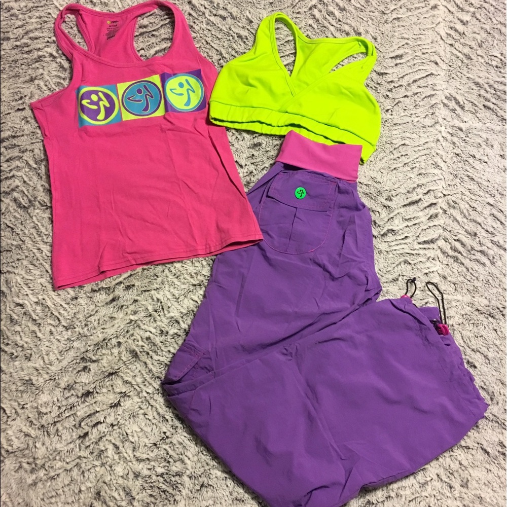Zumba top, cargo pants, and sports bra.
