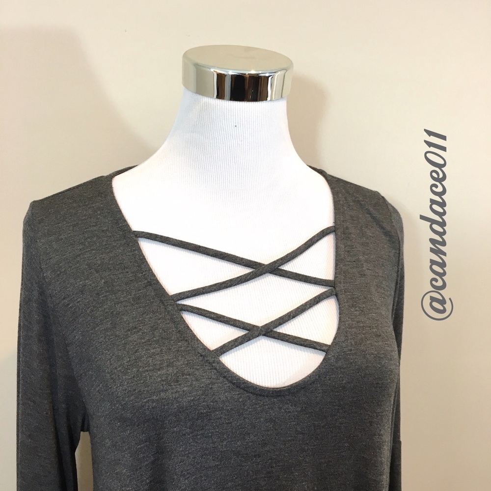 Lace Up Bell Sleeved Dress (Charcoal) - Picture 3 of 6
