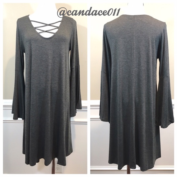 Lace Up Bell Sleeved Dress (Charcoal) - Picture 2 of 6