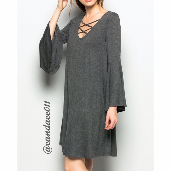Lace Up Bell Sleeved Dress (Charcoal) - Picture 5 of 6