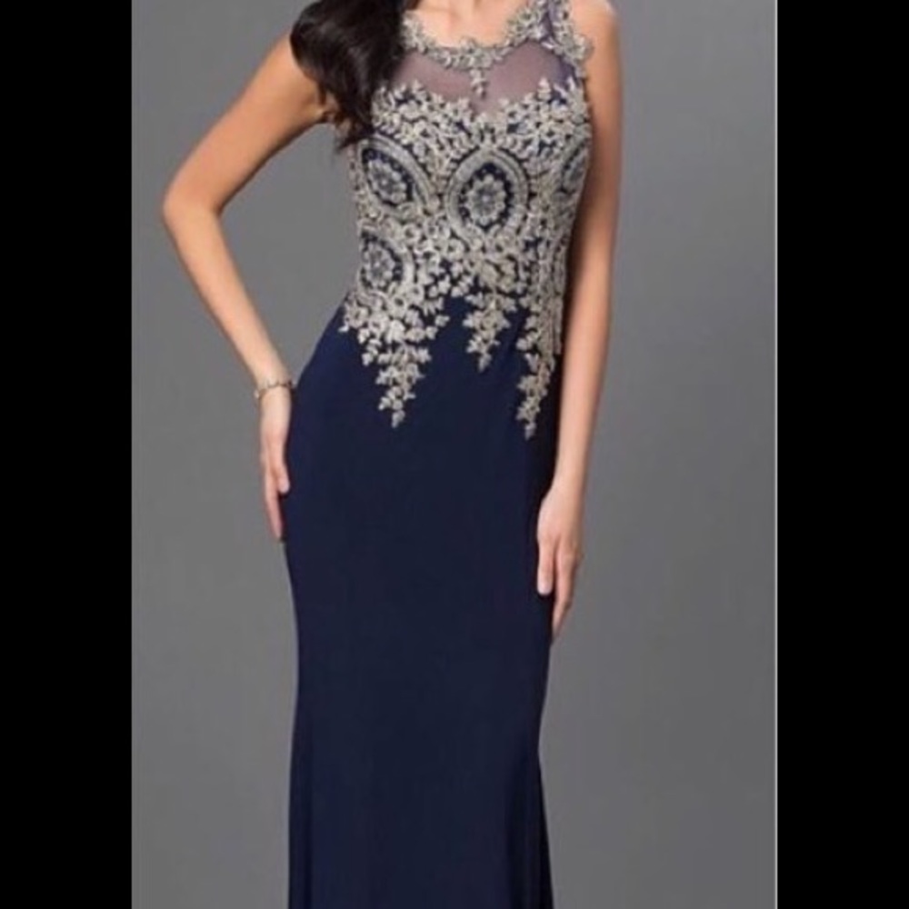 Navy Blue Prom Dress with Silver/Gold Embroidery