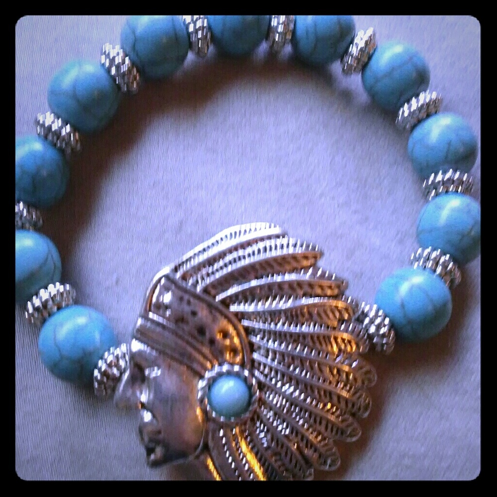 Cheif head faux turquoise stretchy bracelet