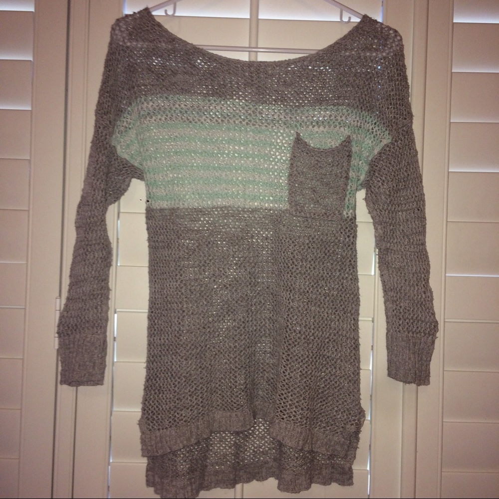 Gray and blue/white striped sweater