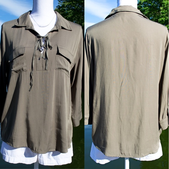 Clearance 🌸 Olive Green 3/4 Sleeve Lace Up Top - Picture 4 of 6