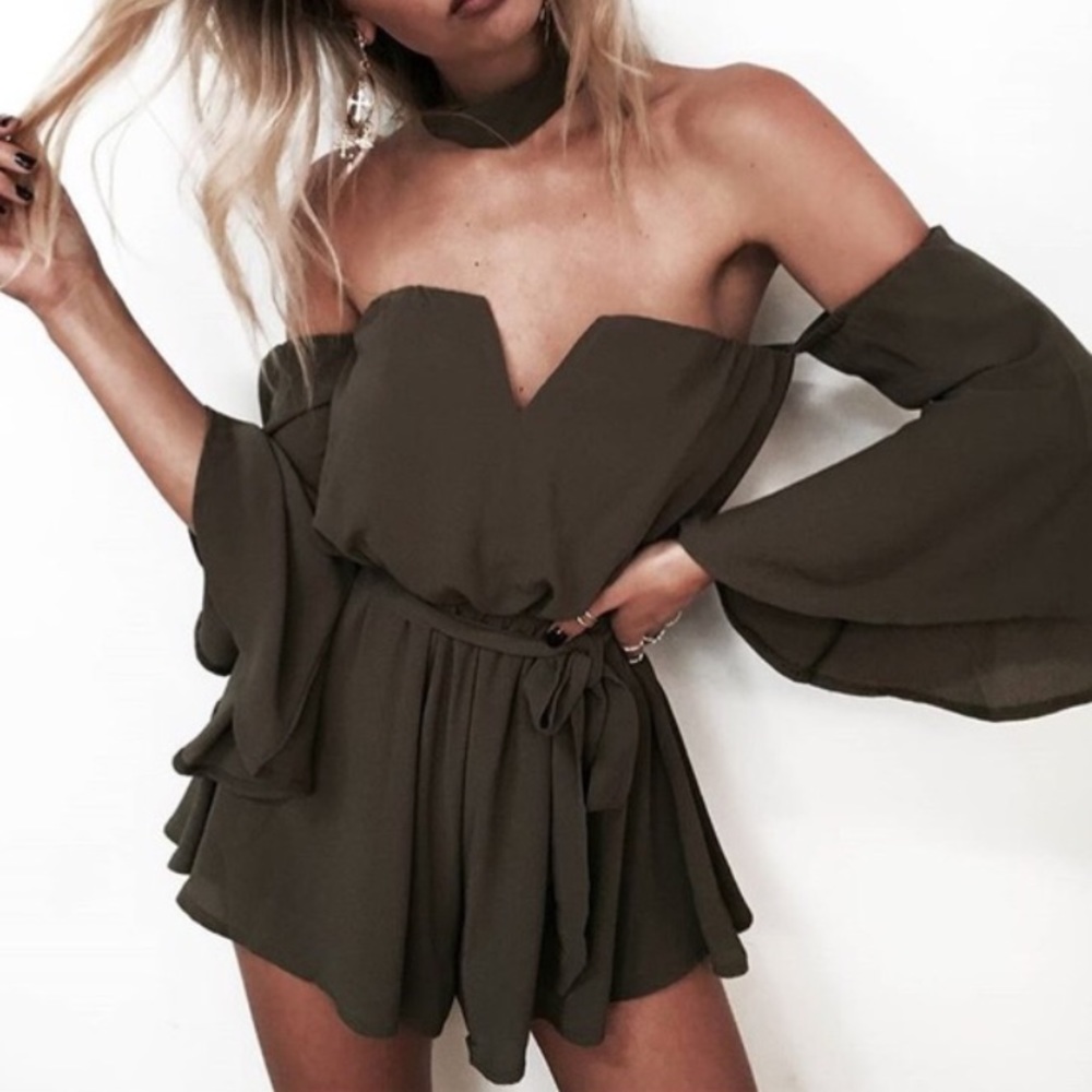 Olive off the shoulder romper size small