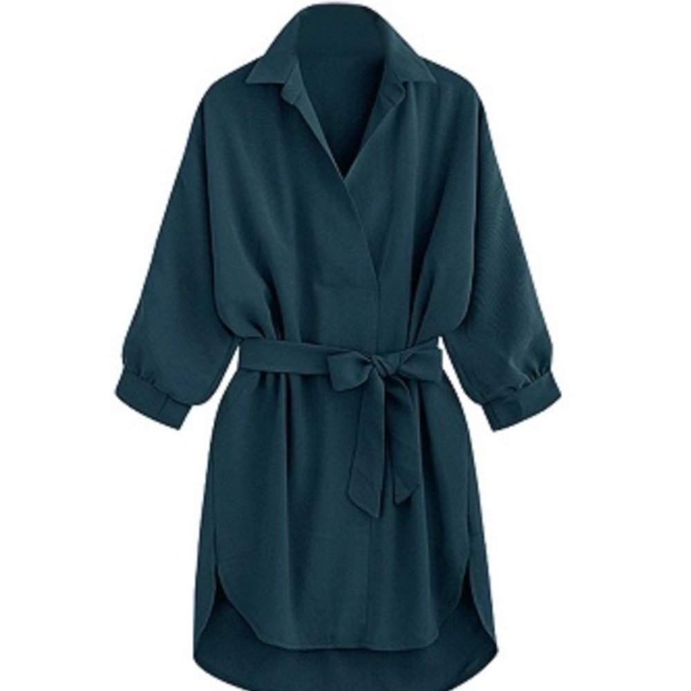 Dark Green Tied Waist Shirt Dress