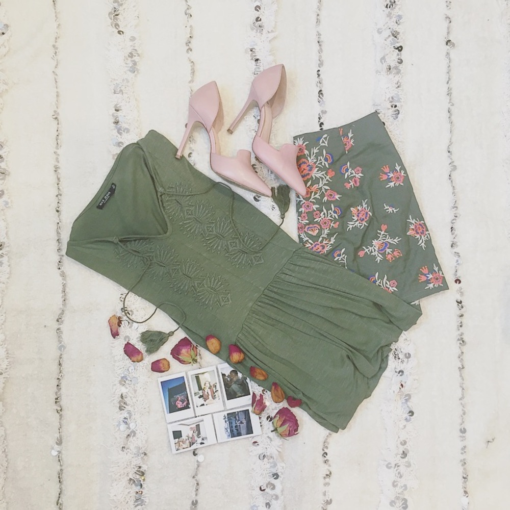• Bohemian • Olive Green Fringe Embroidered Top •