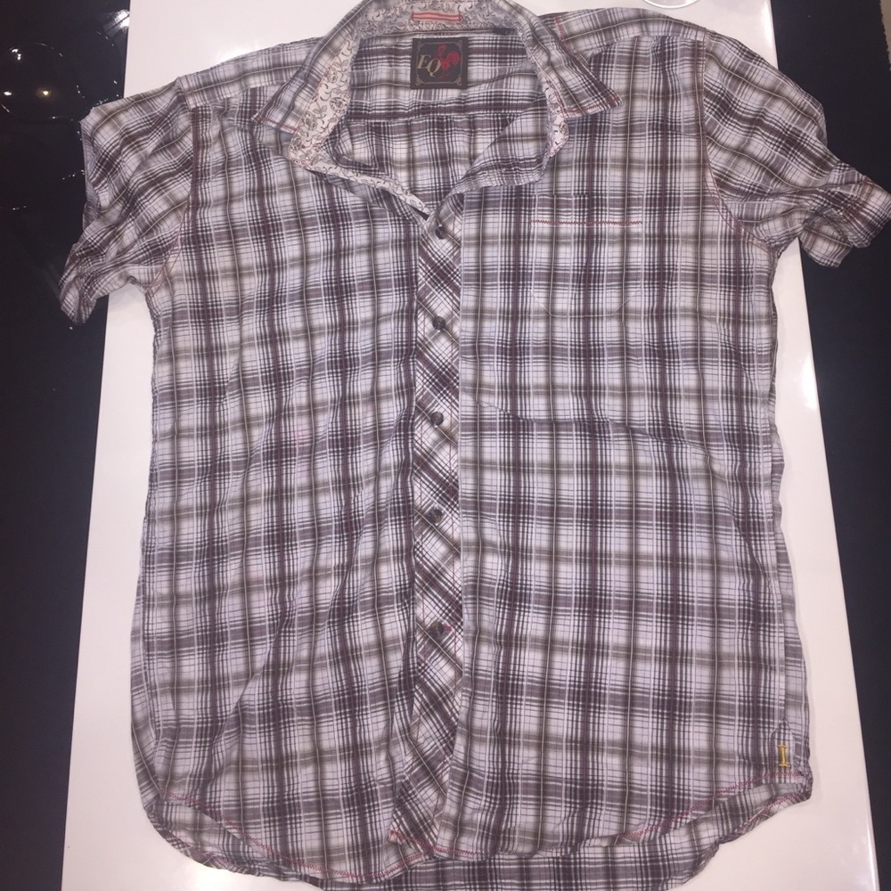 Brown/Red/White Plaid Short Sleeve Button Down, L