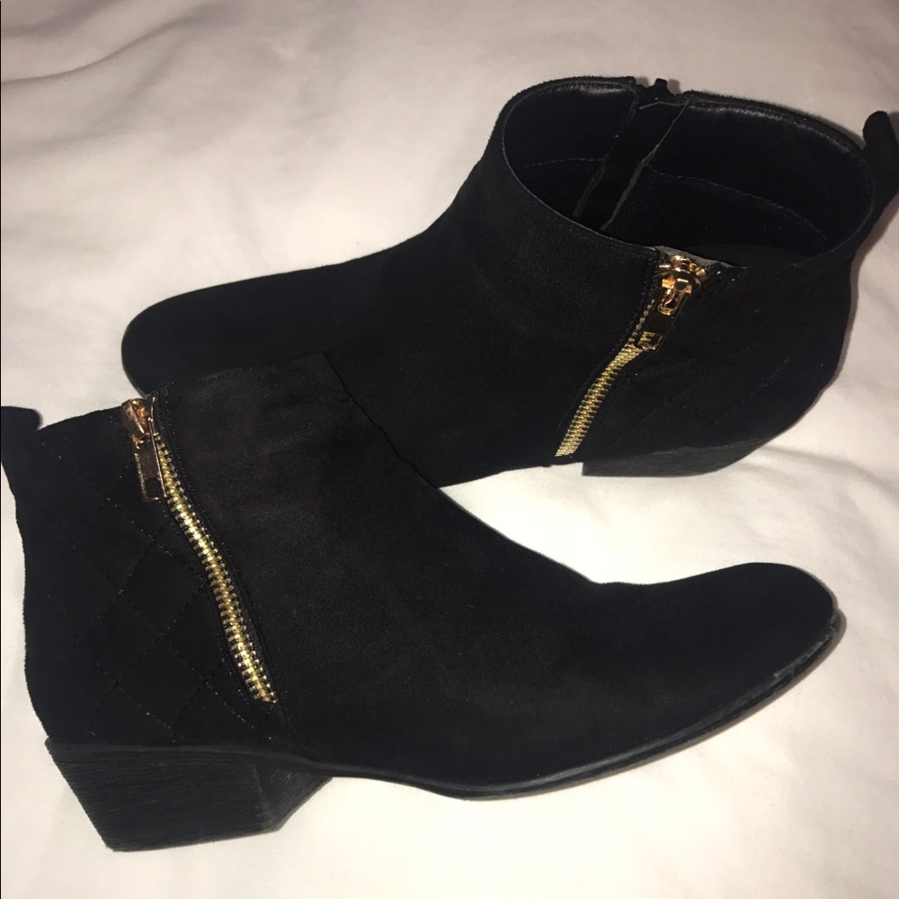 Black faux suede booties, 7.5
