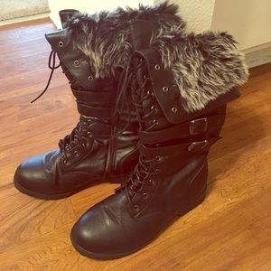 Lace up black faux leather boots with faux fur