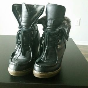 Black Leather Wedge Ankle Boots