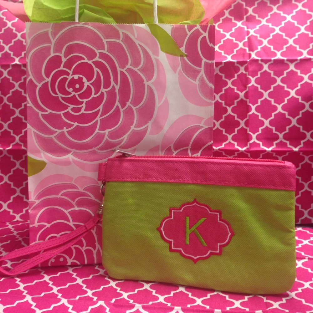 New Green and Pink Monogram Wristlet