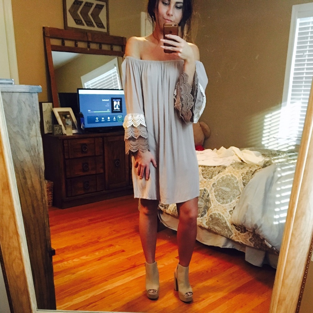 Off the shoulder taupe dress