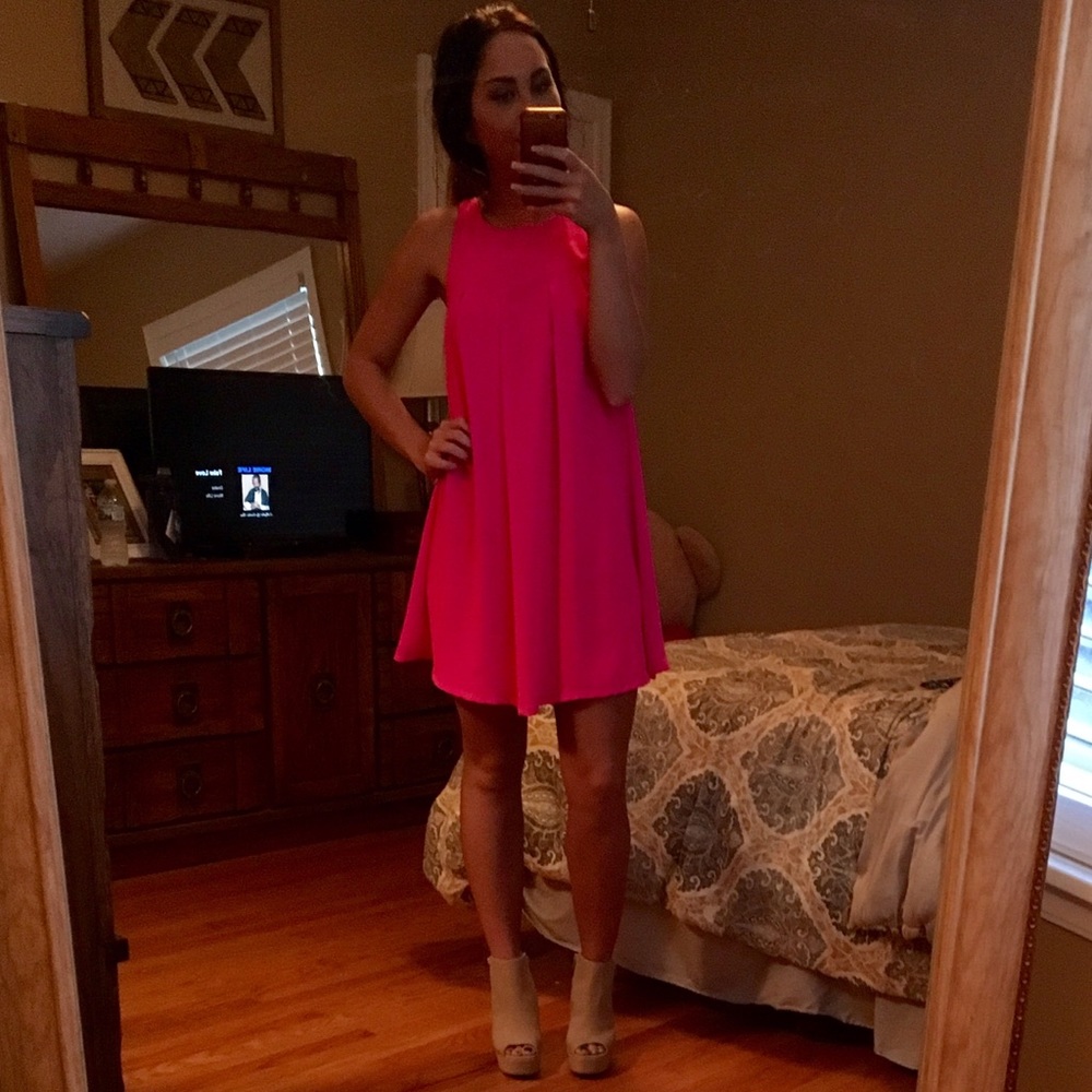 Neon pink shift dress