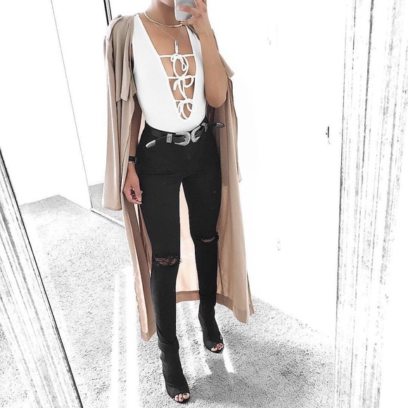 NEW! White Ribbed Lace Up Bodysuit - Picture 2 of 4