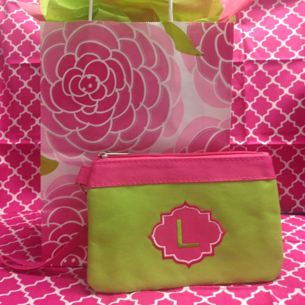 Green and Pink Monogram Wristlet