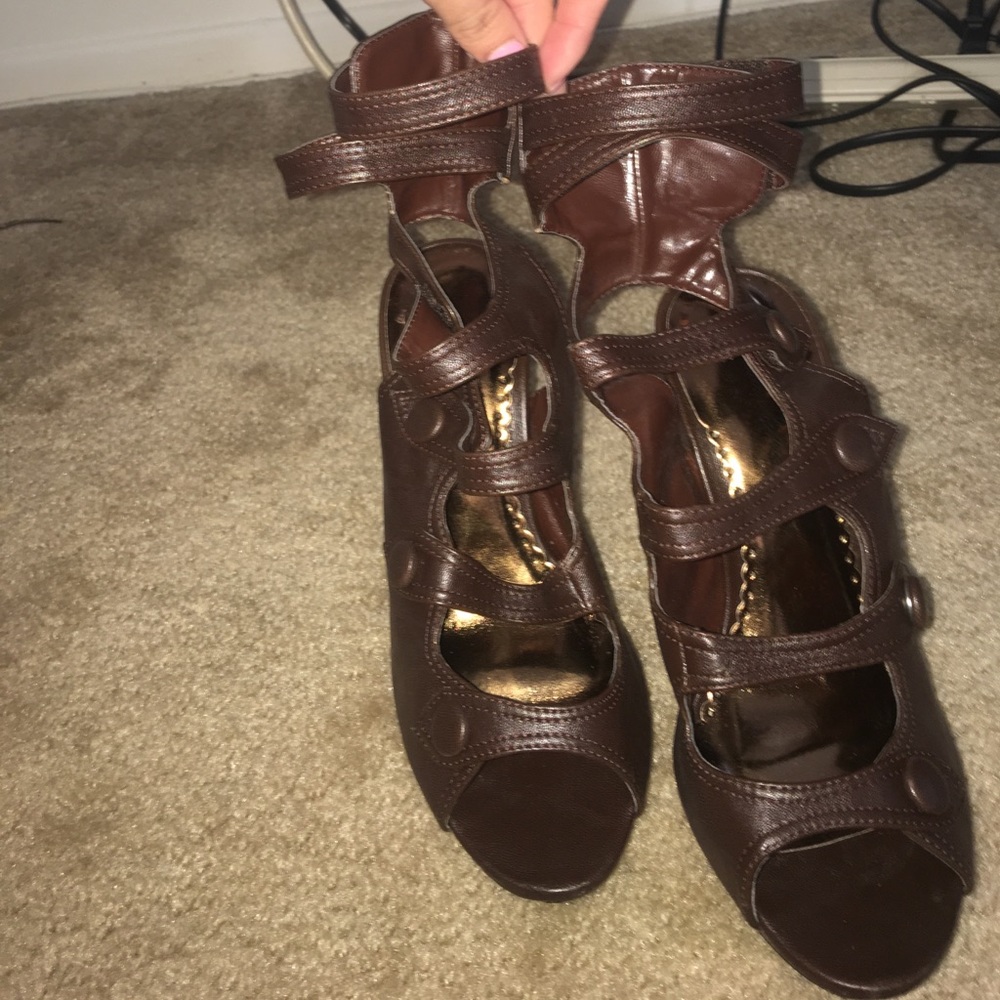 Brown button heels