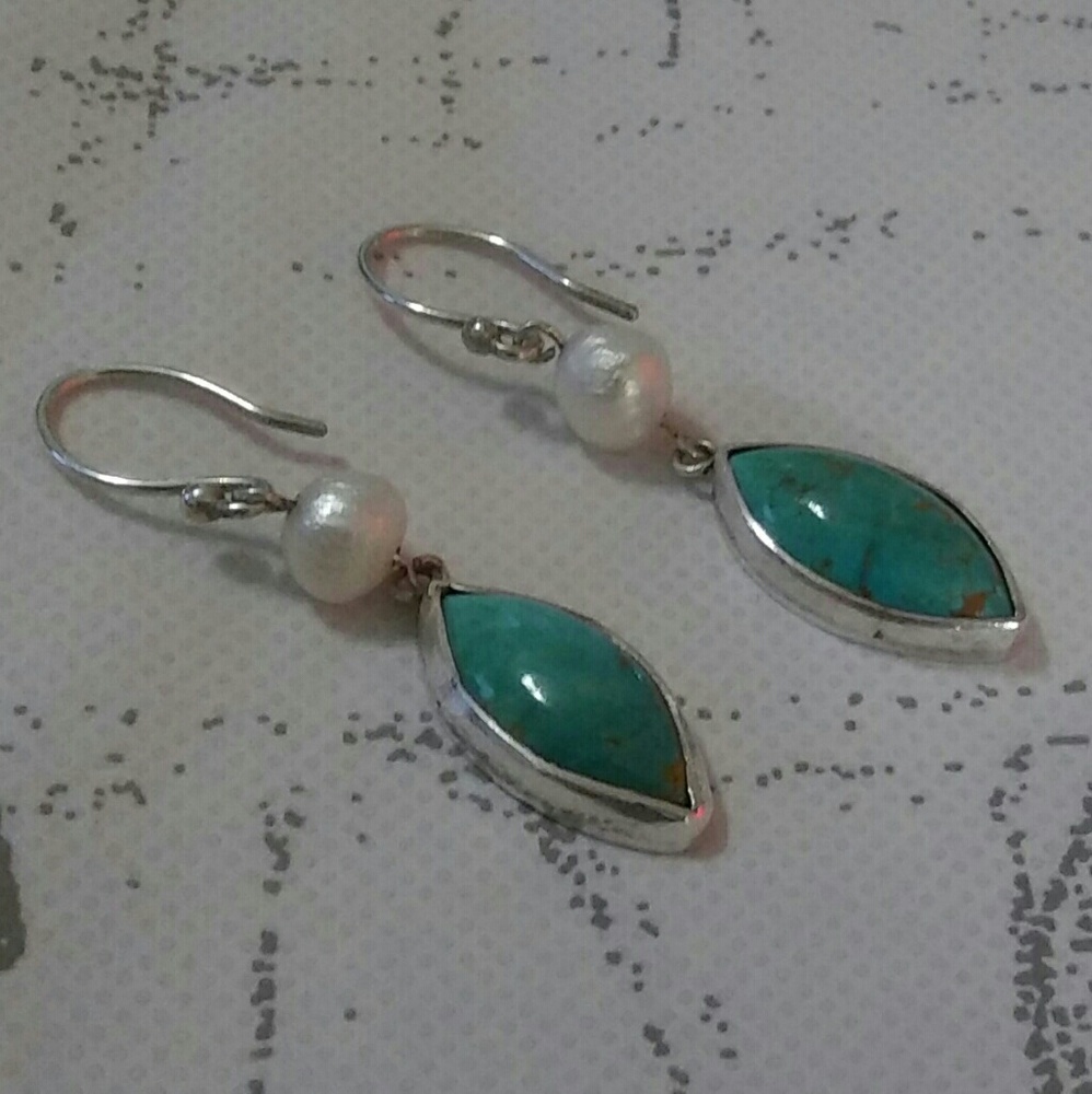 .925 Sterling Handmade Turquoise & Pearl Earrings