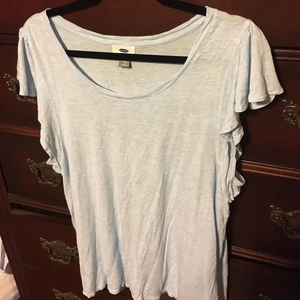 Light blue ruffle sleeve shirt. Perfect for spring