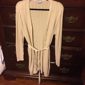 Long cable knit cardigan with fabric belt.